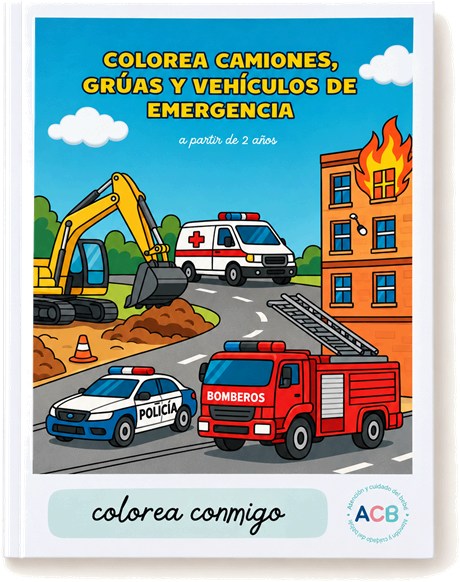 Portada del libro Colorea camiones, grúas y vehículos de emergencia