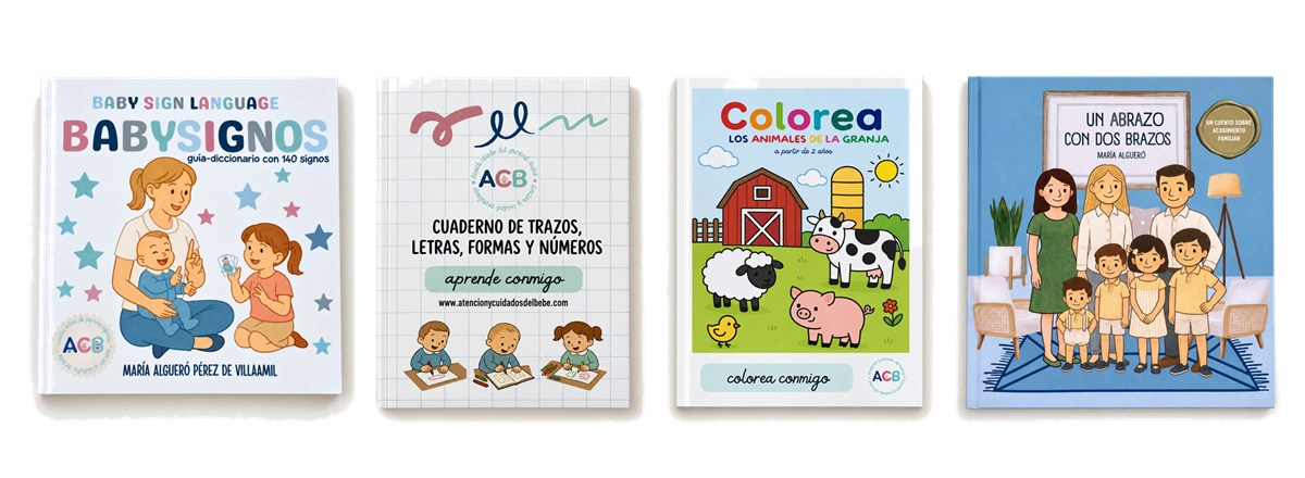 Portadas de los libros de María Algueró: Babysignos, cuaderno de trazos, Colorea los animales de la granja y Un abrazo con dos brazos