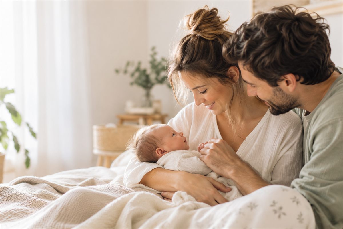 Madre y padre sosteniendo en brazos a su bebé recién nacido, que les mira