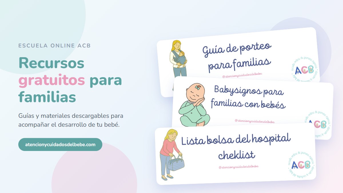 Portadas de varias guías descargables de Atención y Cuidados del Bebé: porteo, babysignos y lista de la bolsa del hospital
