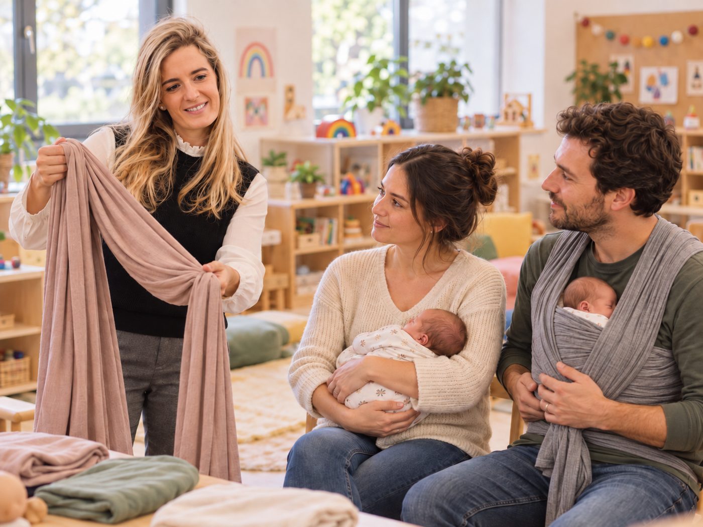Taller de porteo: familias practicando el fular con sus bebés